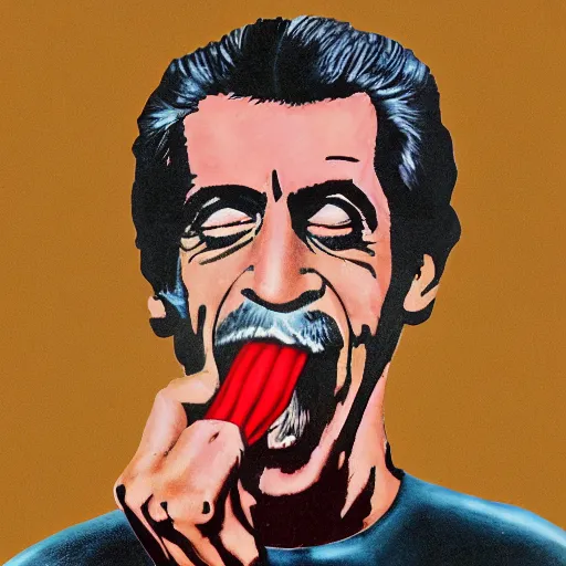 Prompt: portrait of Frank Zappa eats a frank at Zappa club