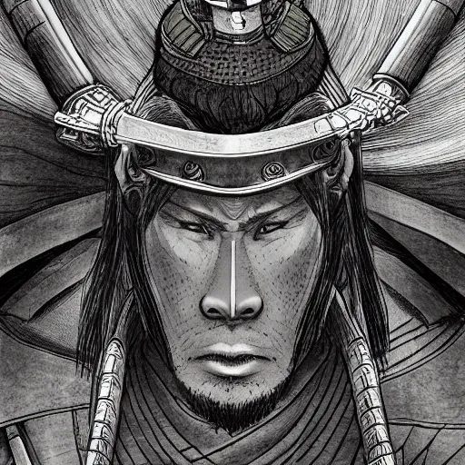 Prompt: a portrait of a samurai warrior, focused gaze, art station, highly detailed, concept art, sharp focus, illustration in pen and ink, 4 k, wide angle, by kentaro miura