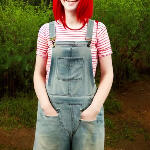 Prompt: A red haired woman dressed in overalls smiling at the camera in the style of Studio Ghibli