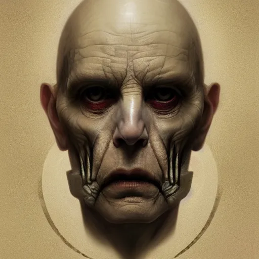 Image similar to surreal portrait of a man by Greg Rutkowski and H.R Giger, cyborg of indeterminate age, symmetrical, bald, haunting and artificial appearance, pale as marble, biomechanical and intricate, empty and uncany expression, cosmic void background, frightening, fascinating, highly detailed portrait, digital painting, book cover, artstation, concept art, smooth, sharp foccus ilustration, Artstation HQ.