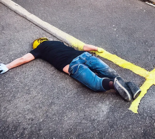 Prompt: crime scene photo of a minion lying dead on the pavement with a chalk outline around him