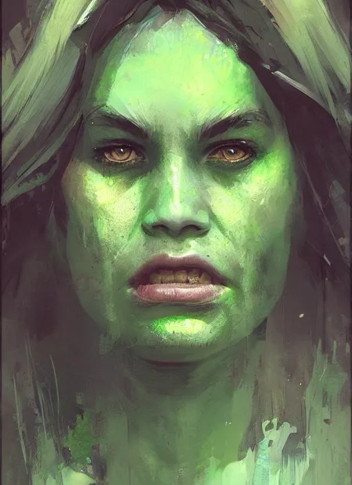 Image similar to green orc female, light green tone beautiful face, by greg rutkowski, by jeremy mann, digital painting