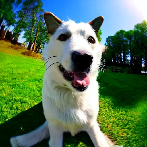 Prompt: Selfie of a dog sitting in a beautifully vivid park, while the sun shines brightly on the fur of the dog, subsurface scattering, first-person view, fisheye!!!!!! lens, photorealistic imagery, trending on artstation, 4k, 8k