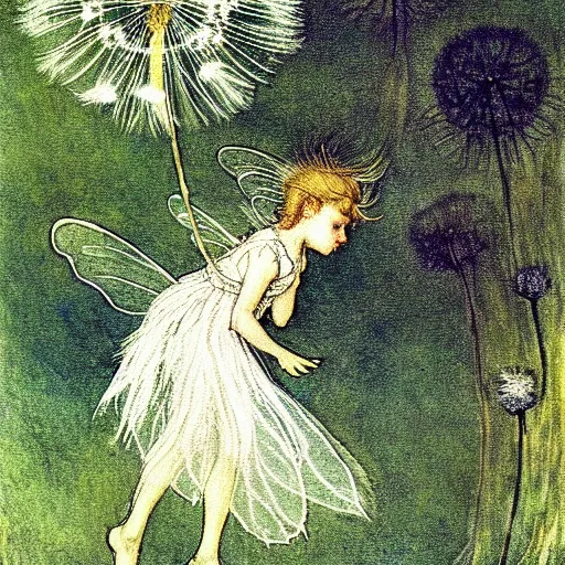 Image similar to a beautiful fairytale painting of a dandelion seed that is also a fairy. the dandelion seed is the body of the fairy. beautiful clear painting by arthur rackham