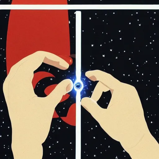 Image similar to A performance art. A rip in spacetime. Did this device in his hand open a portal to another dimension or reality?! Star Wars by Richard McGuire bold