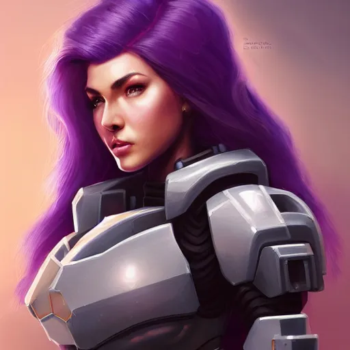 Image similar to a portrait of a very beautiful woman in battletech elemental clanner clan battle armor, Alexandria\'s genesis, chin-length purple hair, bored, illustration, soft lighting, soft details, painting oil on canvas by mark arian by artgerm, trending on artstation, 4k, 8k, HD