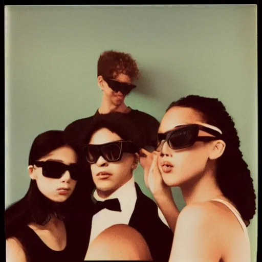 Prompt: vaporwave, grainy portrait polaroid film photograph of a schoolbook where everyone is wearing sunglasses and super serious. super resolution. extremely detailed. polaroid 6 0 0 film. by annie leibovitz and richard avedon