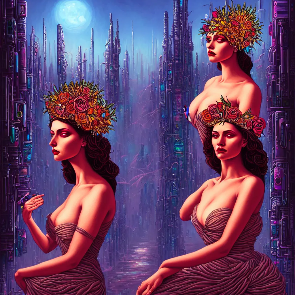 Prompt: Beautiful portrait painting of the flower queen in a sensual pose, in the style of Dan Mumford artwork, with a futuristic cyberpunk city in the background.