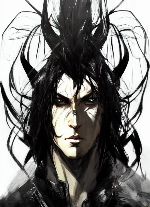 Image similar to Half body portrait of a handsome elven warrior with long black hair and facial hair wearing a black jacket. In style of Yoji Shinkawa and Hyung-tae Kim, trending on ArtStation, dark fantasy, great composition, concept art, highly detailed.