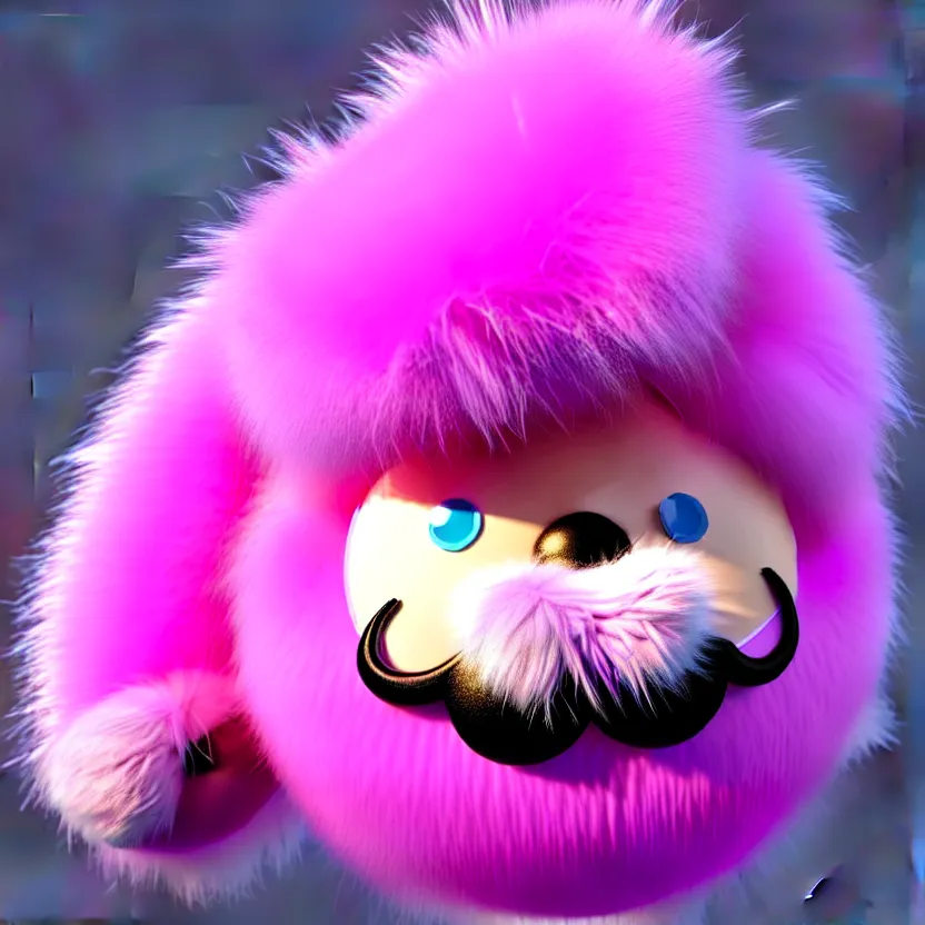 Prompt: high quality 3 d render hyperrealistic very cute big spherical creature, mustache, plush mascot, short spiky dense fluffy smooth hair, isometric 3 d, psychedelic lighting pink fluffy fur 1 cm long, 1 5 0 mm, smooth background, artstation, ultra detailed, elegant, ultra detailed, octane render