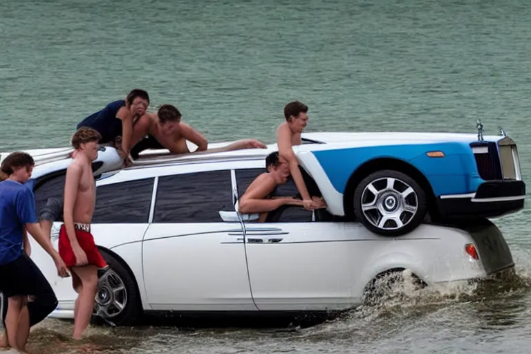 Image similar to Teenagers push Rolls-Royce into lake with their hands from a small slide wanting to drown him