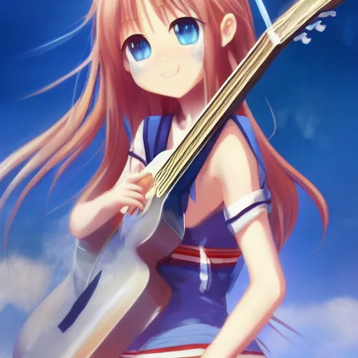 Image similar to a cute little yuuki asuna playing guitar, full body, long wavy blond hair, sky blue eyes, full round face,, bikini, miniskirt, front view, mid - shot, highly detailed, cinematic wallpaper by stanley artgerm lau