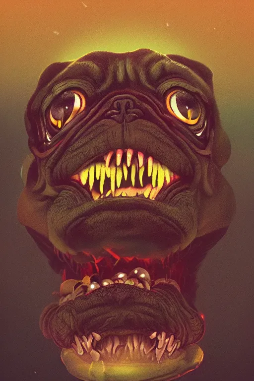 Image similar to demon pug eating flesh. art by mike winkelmann, sticker, illustration, highly detailed, artstation