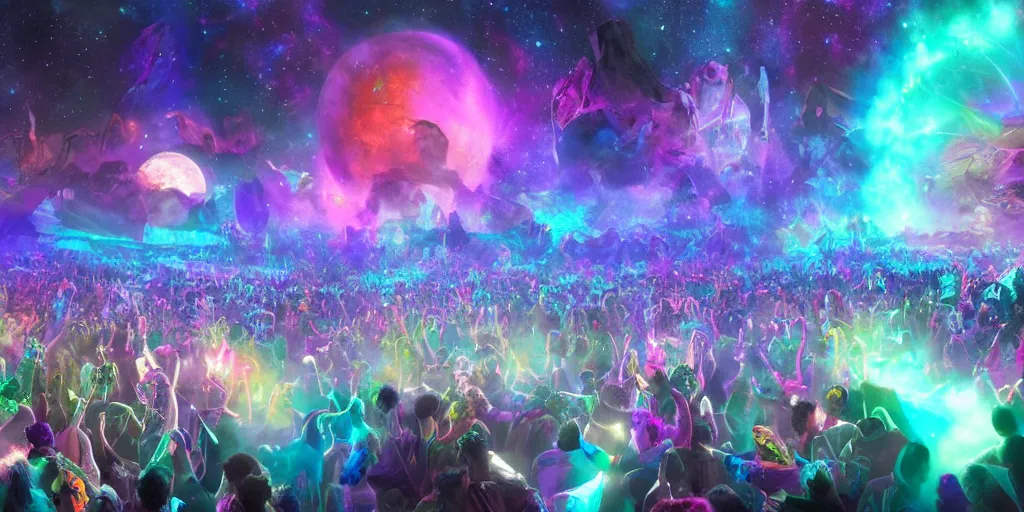 Prompt: a cosmic rave party in the end of the world, high detail beautiful matte painting, ultrarealistic, octane render, cosmic psychedelic art -H 1024
