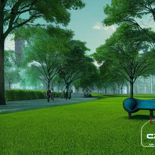 Prompt: modern green area park, cyberpunk, 4k cinema effect,