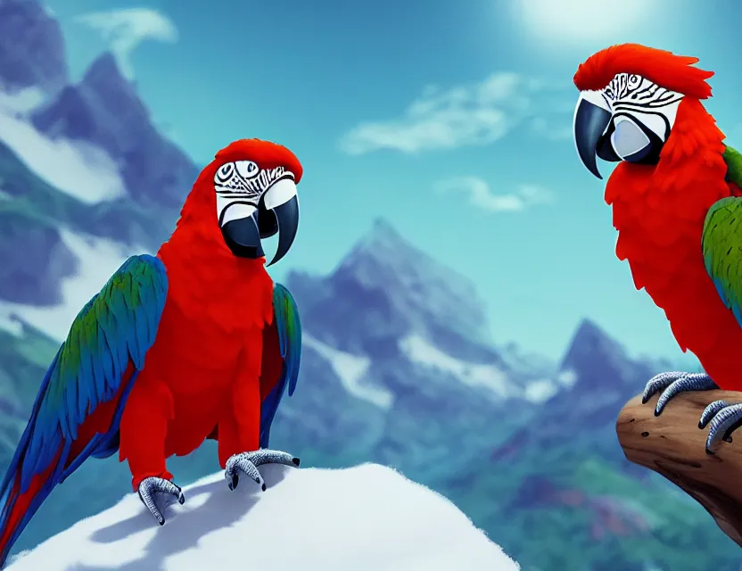 Prompt: macaw alchemist boy in the flowering snowy mountains. complementary colors, indie concept art, luminescent, 4 k, chiaroscuro, backlighting.