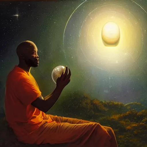 Image similar to an african psychic reading his crystal ball under a meteor shower, greg rutkowski and android jones and amanda sage, oil on canvas, 8k