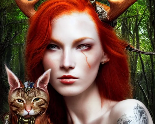 Image similar to 5 5 mm portrait photo of an armored gorgeous aesthetic redhead woman warrior with a face tattoo and antlers growing from her head and cat on her shoulder, in a magical forest. art by luis royo. highly detailed 8 k. intricate. lifelike. soft light. nikon d 8 5 0.