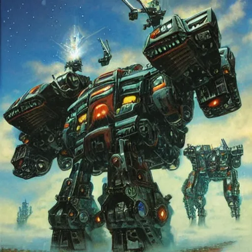 Image similar to combat mecha by gerald brom, chris foss