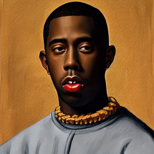 Image similar to a renaissance style portrait painting of tyler the creator