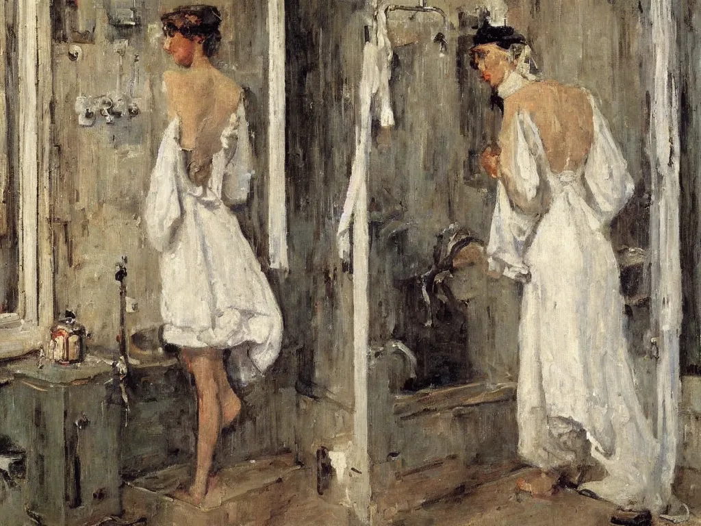 Image similar to portrait of a lady in the shower, painting by stanhope forbes, oil on canvas