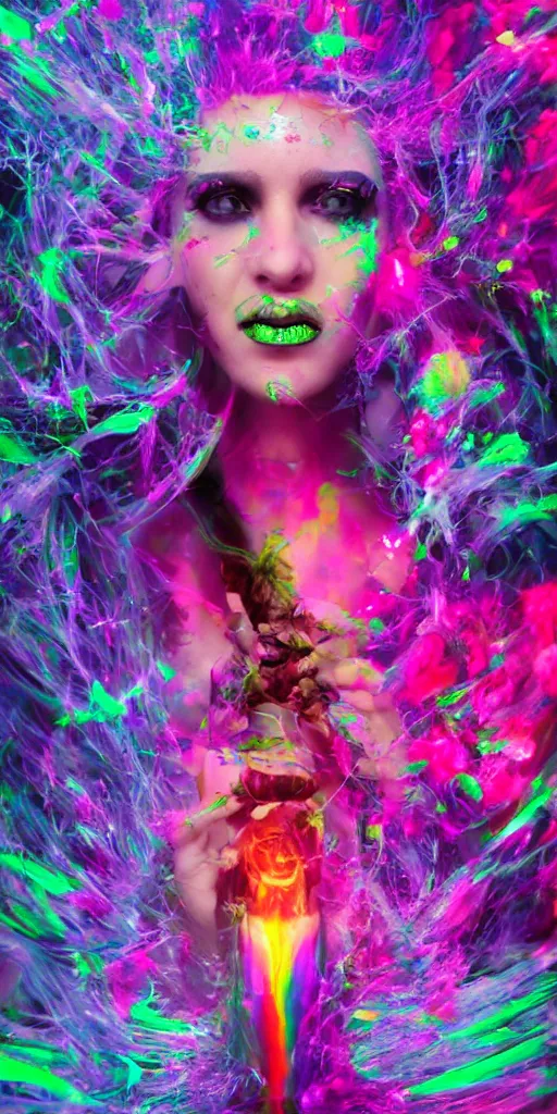 Prompt: impossibly beautiful witch using magic to hypnotize enemies, complexity, horror, psychedelic glitch art, rainbow drip paint, trending on art station, photoreal, 8k, octane render