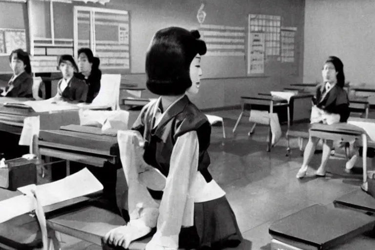 Prompt: giant japanese school girl in a still of attack of the 5 0 foot woman ( 1 9 5 8 )