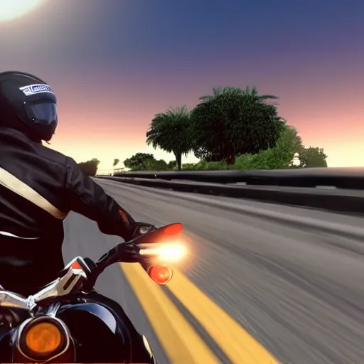 Image similar to a photo of jair messias bolsonaro driving a motorcycle in direction of a sunset, unreal engine 5, 4 k