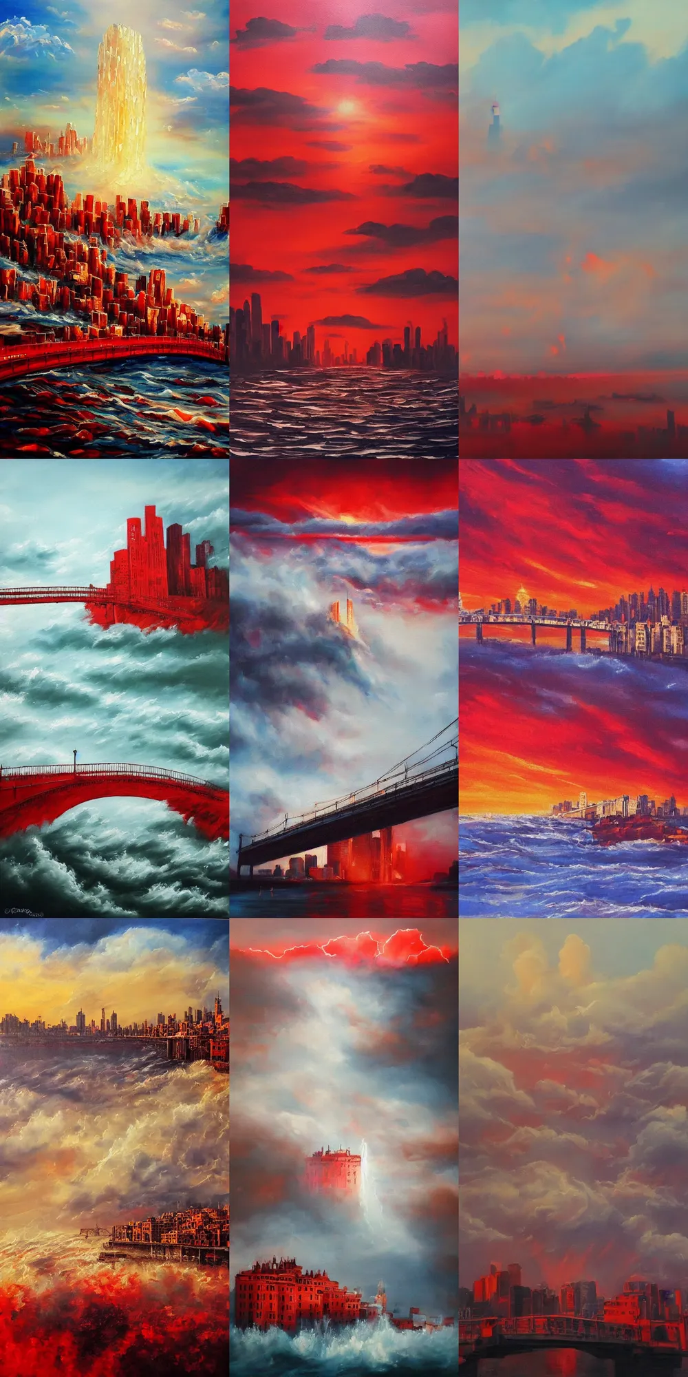 Prompt: early in the morning ， a beautiful painting of a building, red cloud shining its light across a tumultuous sea of blood ， city ， bridge