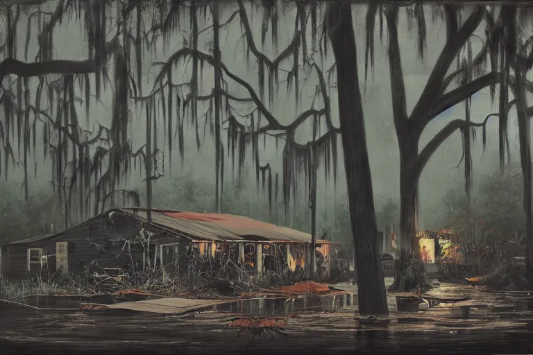 Image similar to scene from louisiana swamps, voodoo cult, old protestant church with neon satanic pentagram, junkyard by the road, boy scout troop, voodoo artwork by tim eitel