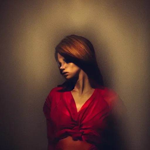 Image similar to a photo of a beautiful woman. moody and melanchony, dramatic lighting. with a little bit of tasteful yellow and red.