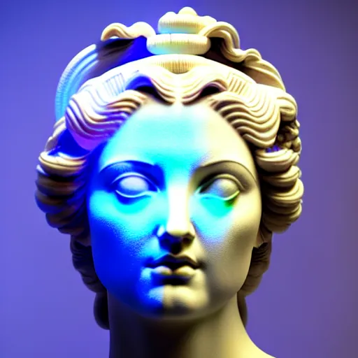 Prompt: sci - fi cgartist wide shot anaglyph ambient occlusion rendering of a hyper realistic marble greek statuary regal goddess head glowing with embedded vaporwave leds product photo high key colored lighting, trending on artstation volumetric lighting