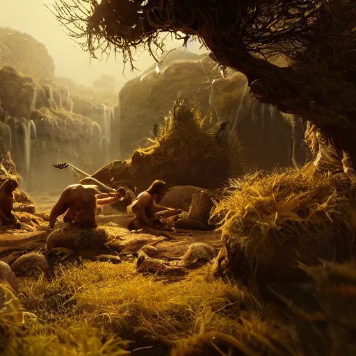Image similar to cavemen surviving in the wild, volumetric lighting, 8 k octane beautifully detailed render, post - processing, extremely hyper - detailed, intricate, epic composition, cinematic lighting, masterpiece, trending on artstation, detailed detailed detailed, masterpiece, beautiful cinematic light,
