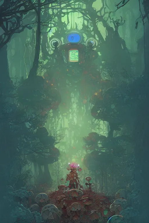 Prompt: abandonned robot un forbidden forest with trees and mushrooms on its head, stylized illustration by peter mohrbacher, moebius, mucha, victo ngai, colorful comics style