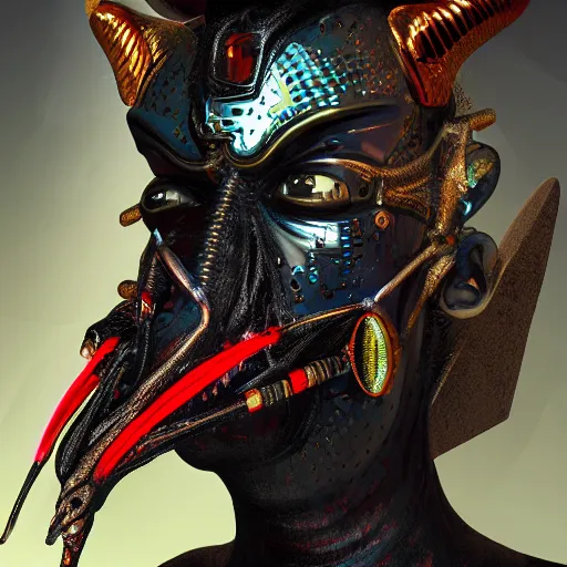 Prompt: a detailed portrait of a frighteningly fashionable egyptian god demon wearing cyberpunk clothing in the style of stephen gammall and mobius, william blake, rembrandt, raphael, giger, artstation, ornate, award - winning art, 8 k, vivid color scheme, tilt shift focus, cinematic