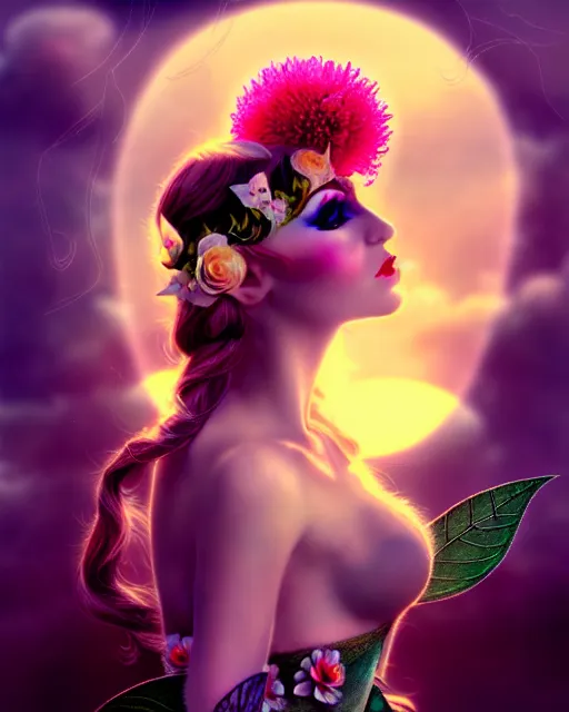 Prompt: photot of burlesque elf, flowers in hair, fantasy character portrait, soft clouds, floral sunset, ultra realistic, concept art, intricate details, art nouveau, cinematic, highly detailed