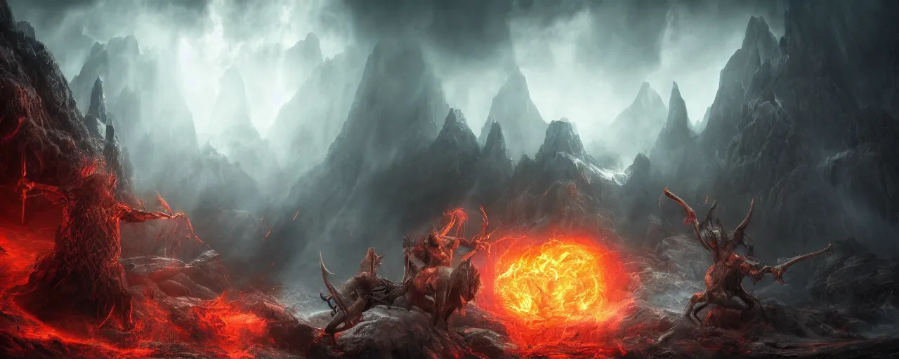 Image similar to god fighting the devil, dark, fiery, mines of moria, lord of the rings aesthetic, in style of alan lee, cinematic, cinematic lighting, octane render, motion blur, highly detailed