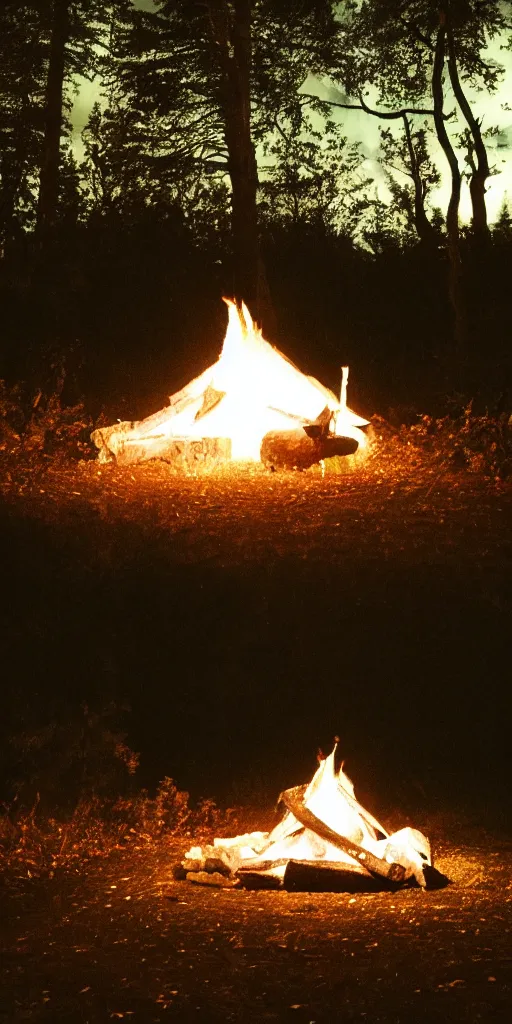 Prompt: A white dragon in the woods at nigth resting in front a camp fire