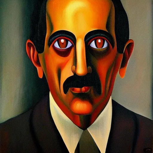 Image similar to robotic frank zappa portrait, grant wood, pj crook, edward hopper, oil on canvas