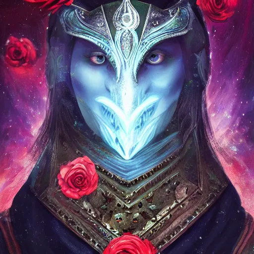 Prompt: Very very very very highly detailed mystic, enigmatic, strange portrait of a phantom warrior with galaxy, roses, shark's teeth by Mozart, intricate, extremely detailed, digital painting, artstation, concept art, smooth, sharp focus, illustration, intimidating lighting, incredible art,