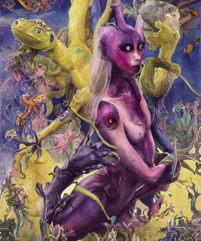 Prompt: a portrait photograph of a meditating fierce colorful spider gwen antilope super villian girl with slimy amphibian scaled blue skin and yellow eyes. she is wearing a living organic suit. by donato giancola, hans holbein, walton ford, gaston bussiere, peter mohrbacher and brian froud. 8 k, cgsociety, fashion editorial