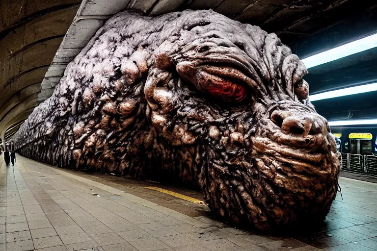 Prompt: very large giant mutant zombie irradiated ( angry rat ) staying on railways in tonnel of moscow subway. subway. giant angry rat, very realistic. extreme long shot, low dark light, anish kapoor, herman nitsch, giger.