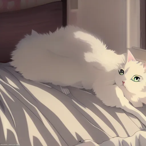 Prompt: a white ragdoll cat lies on the bed in the bedroom, warm atmosphere, anime key visual, digital art, anime screenshot, kyoto animation, makoto shinkai, trending on pixiv,