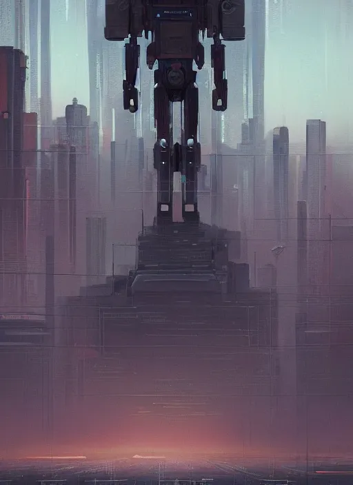 Image similar to a painting of a giant robot standing in front of a city, cyberpunk art by mike winkelmann, behance contest winner, nuclear art, dystopian art, apocalypse art, sci - fi