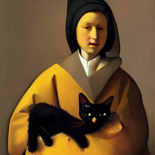 Prompt: portrait by vermeer of a black cat holding a pet human