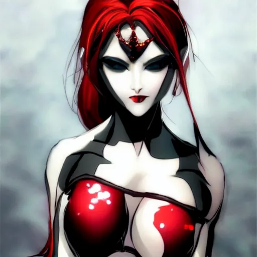 Image similar to beautiful pale - skinned goth girl with a red diamond on her forehead, yoji shinkawa