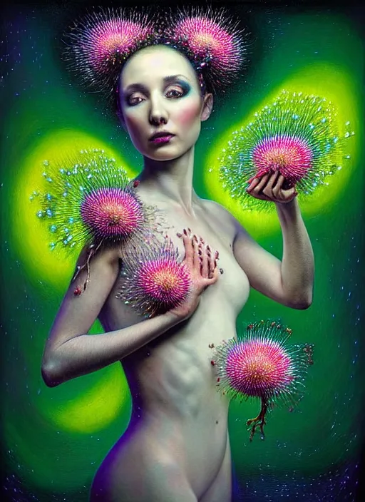 Prompt: hyper detailed 3d render like a chiariscuro Oil painting with focal blur - Aurora (Singer) looking adorable and seen in dynamic pose joyfully Eating of the Strangling network of glowing and milky Fruit and Her delicate Hands hold of gossamer polyp blossoms bring iridescent fungal flowers whose spores black the foolish stars to her smirking mouth by Jacek Yerka, Mariusz Lewandowski, Houdini algorithmic generative render, Abstract brush strokes, Masterpiece, Edward Hopper and James Gilleard, Zdzislaw Beksinski, Mark Ryden, Wolfgang Lettl, hints of Yayoi Kasuma, octane render, 8k