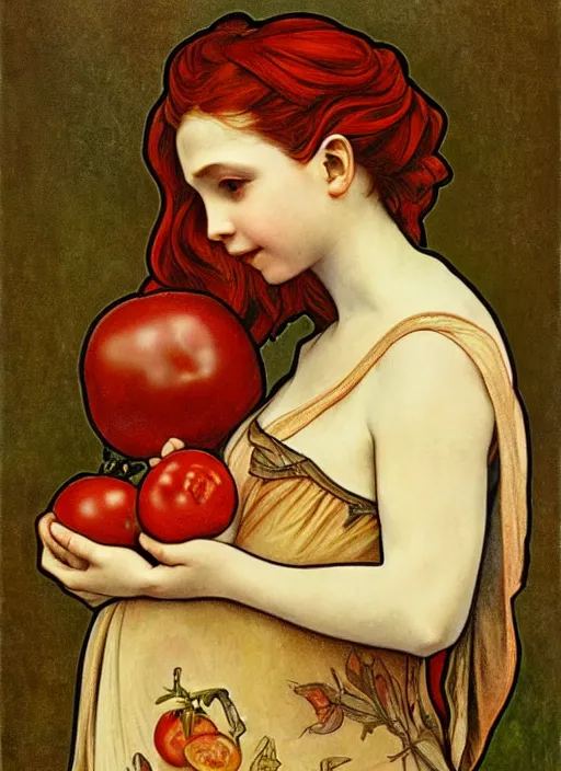 Prompt: Girl with a tomato, in the style of Raphael and Mark Ryden and Alphonse Mucha,