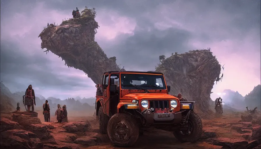 Prompt: Mahindra Thar with tribe members nearby, an epic fantasy, dramatic lighting, cinematic, establishing shot, extremely high detail, photorealistic, cinematic lighting, artstation, by simon stalenhag, horizon forbidden west