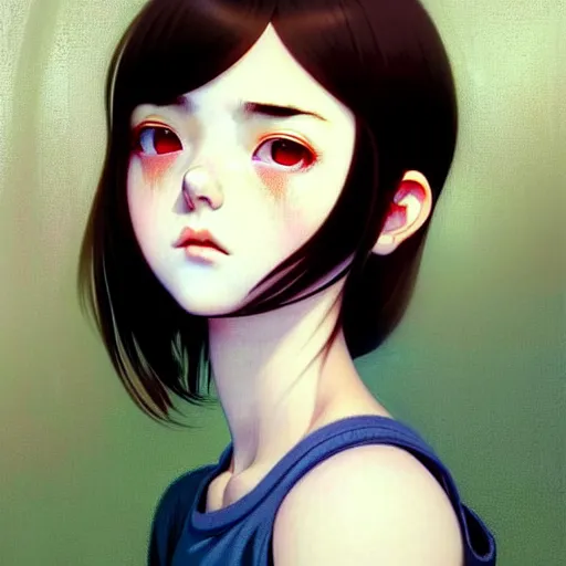 Prompt: a beautiful youth teenage depressed ocd psychotic loner girl in school struggling with morbid thoughts, angry eyes, soft skin, magnificent art by ilya kuvshinov, monet, range murata, artgerm, katsuhiro otomo, norman rockwell, highly detailed intricately sharp focus, bedroom eyes trending on pinterest vogue italia 3 5 mm, 4 k uhd image